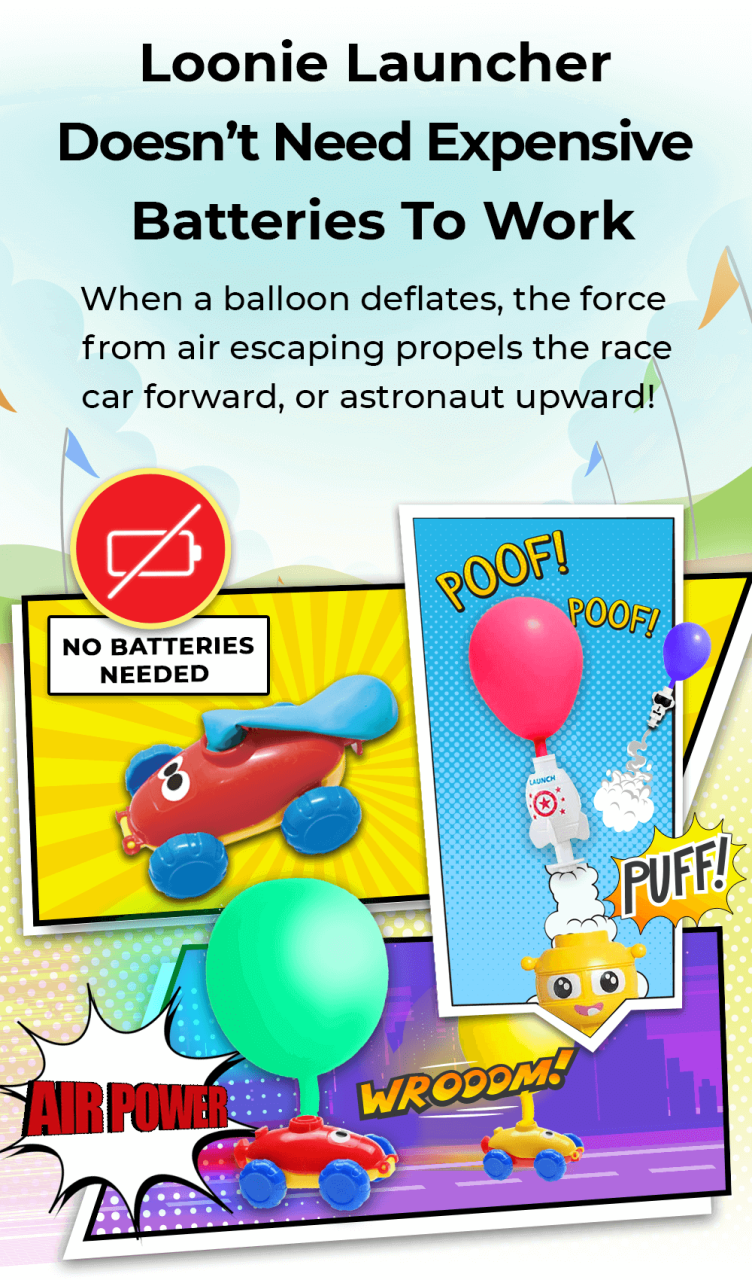 Loonie Launcher - Aerodynamic Balloon Powered Cars for 3+, Top STEM Science & Educational Toy of 2021, Includes 2 Cars, 10 Balloons 1 Air Pump