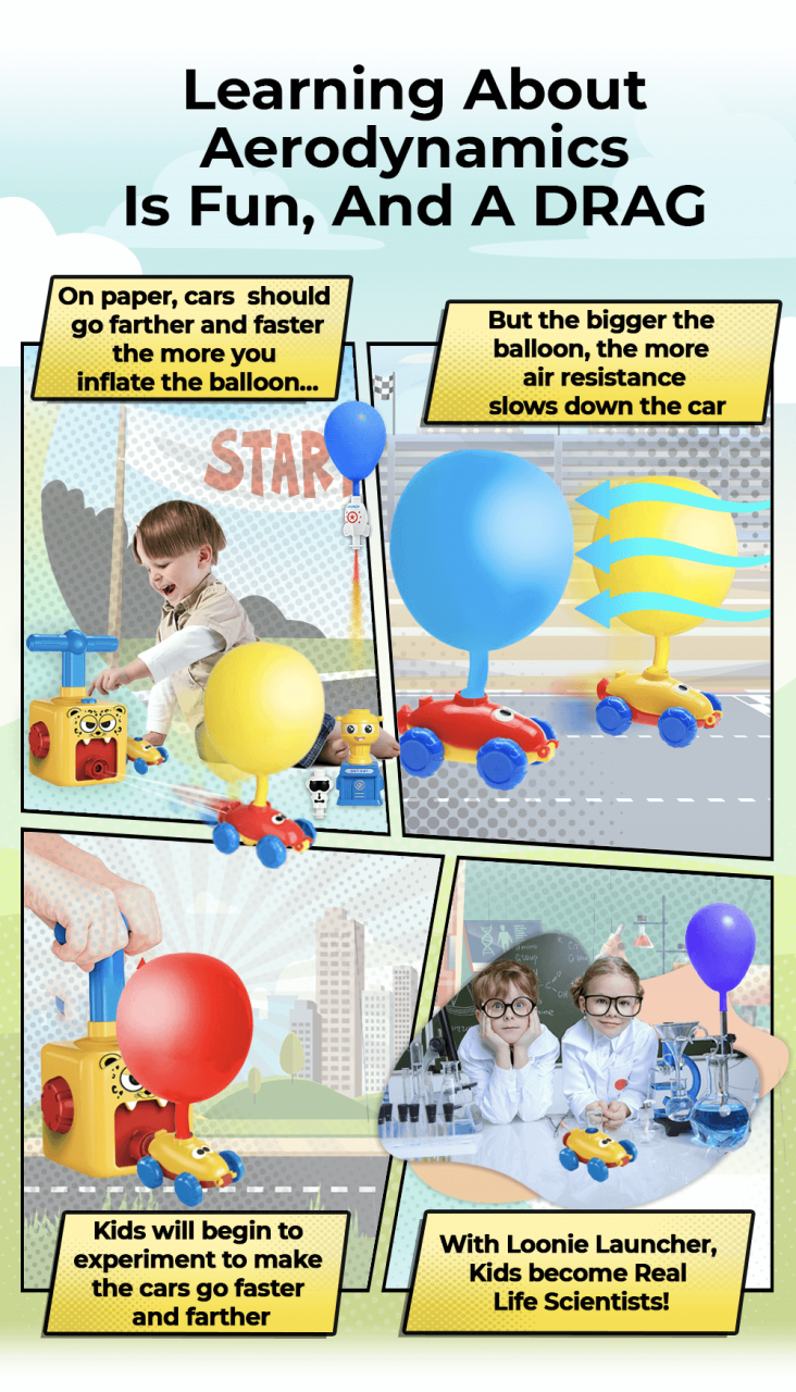 Loonie Launcher - Aerodynamic Balloon Powered Cars for 3+, Top STEM Science & Educational Toy of 2021, Includes 2 Cars, 10 Balloons 1 Air Pump