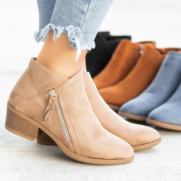 WOMEN'S CHUNKY HEEL SIDE ZIP ANKLE BOOTS